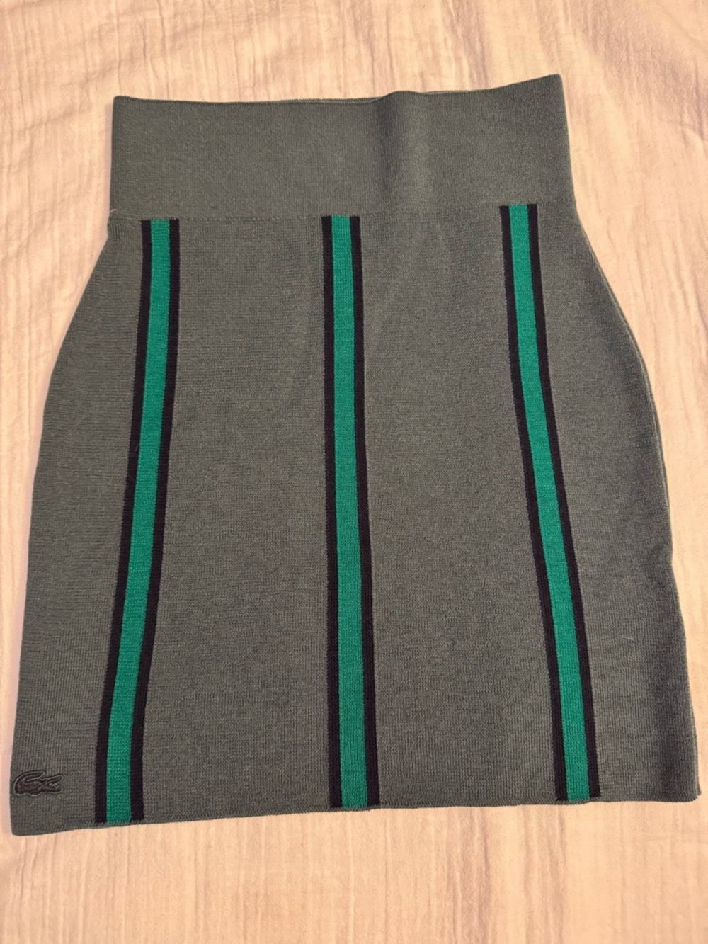 Lacoste Gray Knit Pencil Skirt with Green and Black Stripes